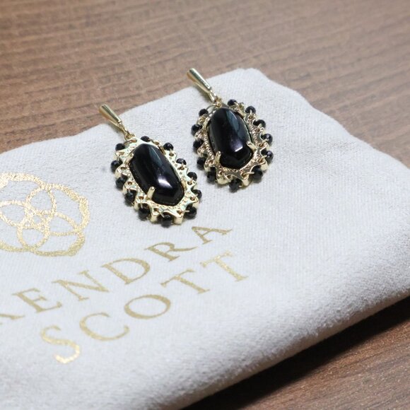 New Kendra Scott Beaded Lee Black Obsidian Gold Earrings - Picture 2 of 3
